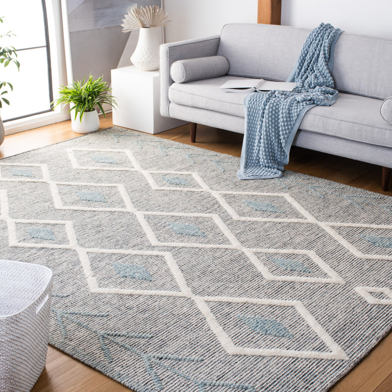 Vermont Hand Loomed Wool/Cotton Southwestern Rug in Blue/Ivory, Rectangle 8' x 10'