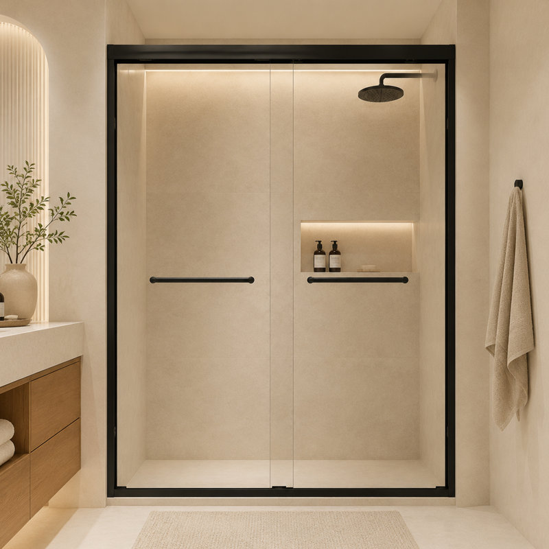Porte de douche double coulissante 56-60 "x 72" - Cadre en aluminium noir mat avec verre trempé antidéflagrant de 6 mm