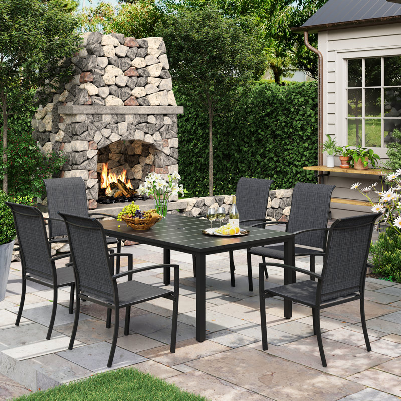 Ensemble repas d'extérieur pour 6 personnes avec fauteuils empilables, Noir / Noir