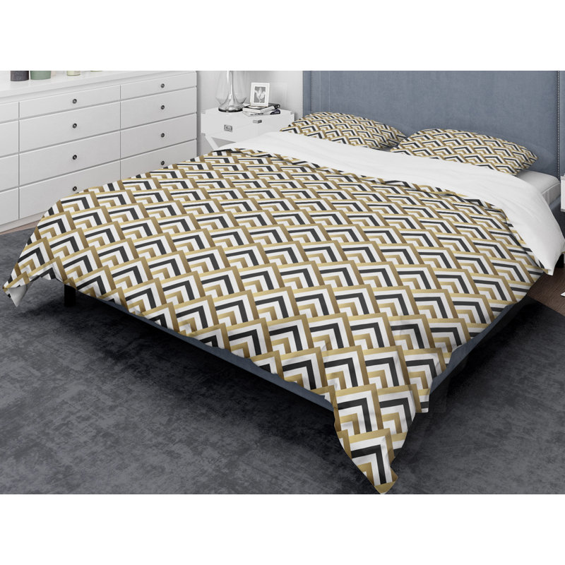 Gold and Black Geometric Twin Duvet Cover Set with Sham