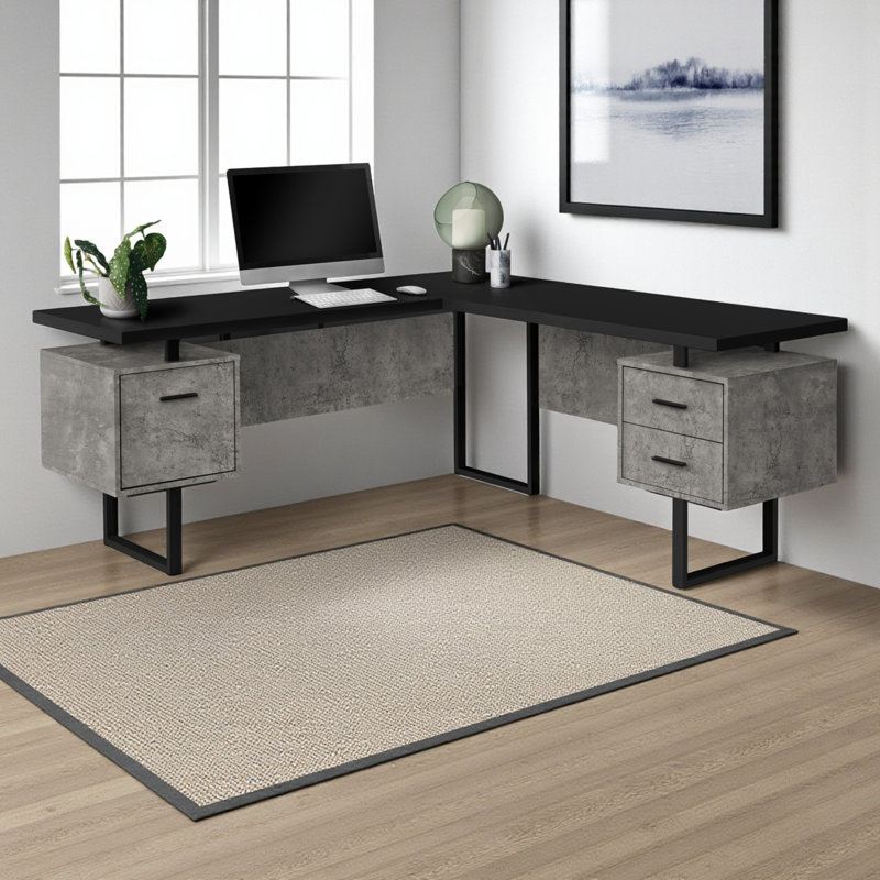 Bureau d'ordinateur moderne à finition noire et grise avec pieds en métal noir H 29,85 po x l 70,73 po