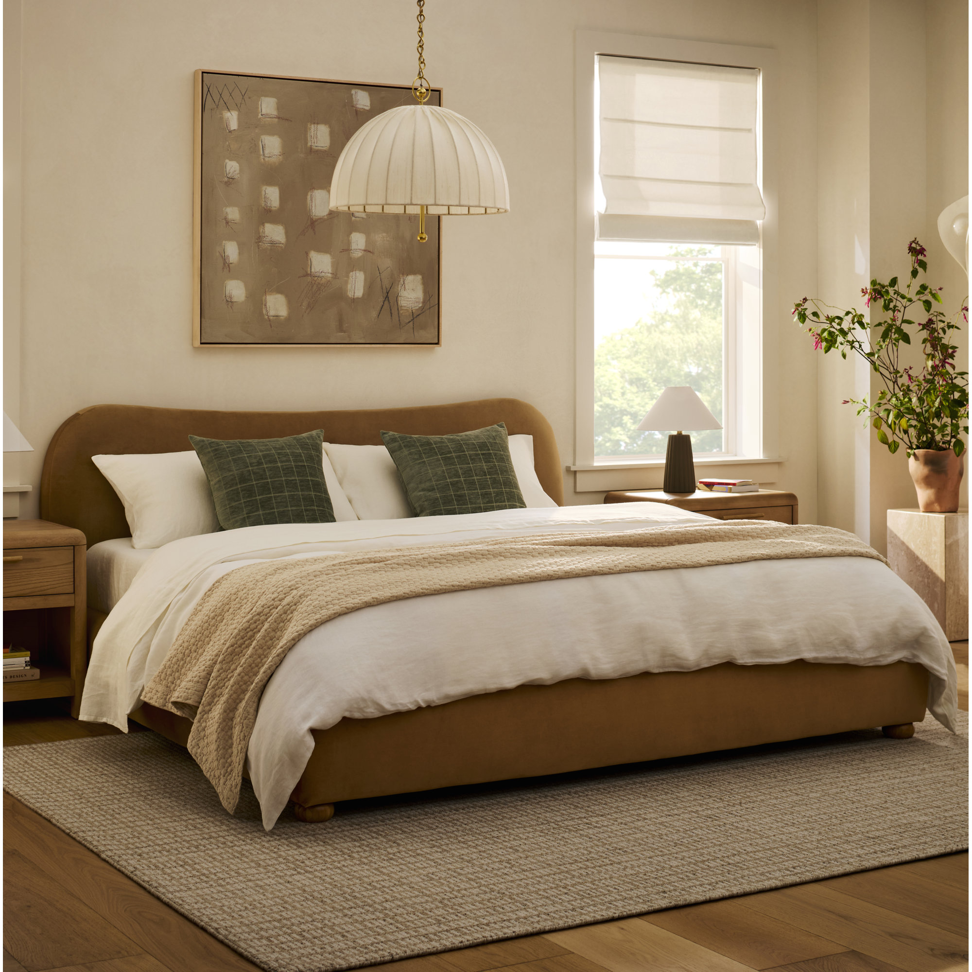 Liza Upholstered Bed, King, Light Brown Velvet