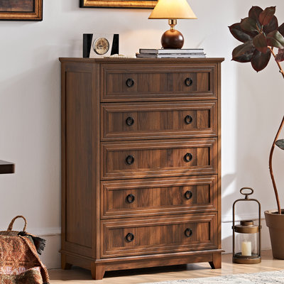 Commode 5 tiroirs pour chambre à coucher Farmhouse, petites commodes et commode de 42 po de hauteur, commode en bois rustique avec poignée en métal, rangement pour le salon, le couloir, le vestibule