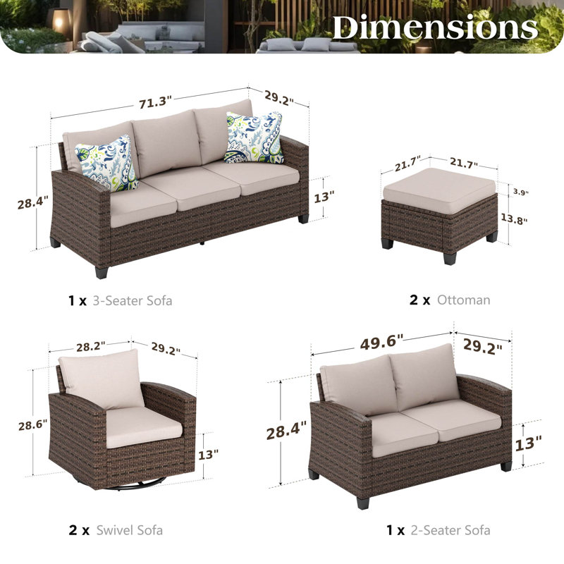 Ensemble de conversation d'extérieur en osier pour 9 personnes avec chaises pivotantes, Beige