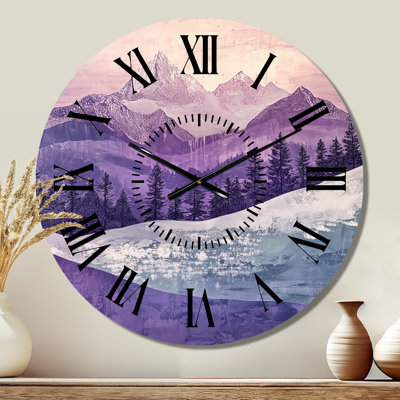 Sommets enneigés peints à la lavande - Horloge murale silencieuse en métal représentant un paysage