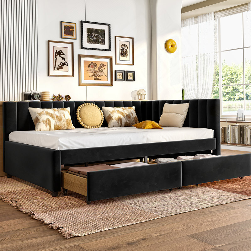 Full Size Daybed with Storage Drawers Upholstered Corner Bed with L Shaped Headboard Velvet Daybed Frame for Living Room Guest Room