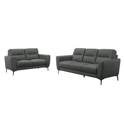 2 Piece Faux Leather Sofa Set With Triangular Chrome Legs In Anthracite Gray