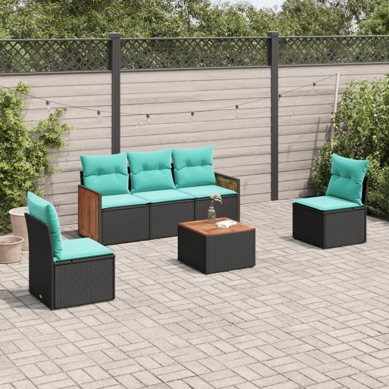  Ensemble de canapé de patio 6 pièces avec coussins en rotin de polyester noir