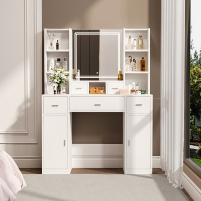 Smart Mirror Dressing Table For Bedroom With Storage Space White Vanity 6 Open Shelves And 5 Drawers Makeup