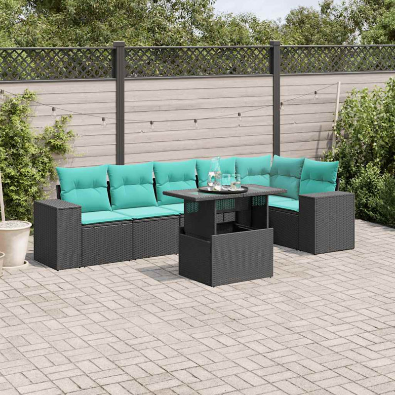 Ensemble de canapé de patio 7 pièces avec coussins en rotin de polyester, Bleu clair, Noir