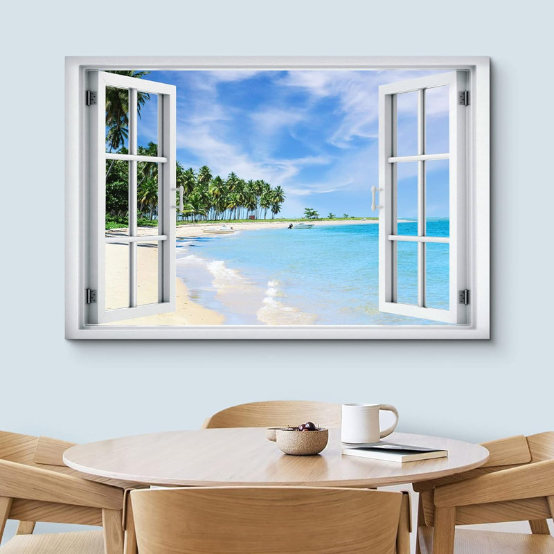 Fenêtre de paysage «Vue de la fenêtre des arbres le long d'une île tropicale, plage, photos de la nature, paysage pittoresque» sur toile