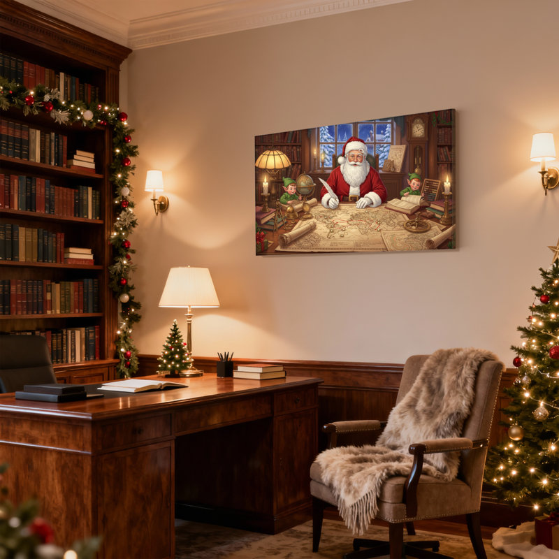 Ensemble de 3 impressions sur toile de Noël, père Noël à l'atelier avec elfes, H 16 po x l 24 po