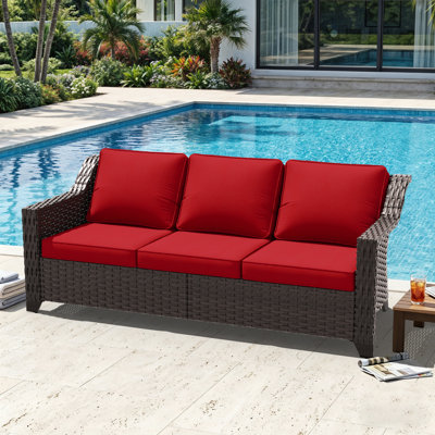 3-Seat Outdoor PE Wicker Sofa with 4" Red Cushions and Adjustable Feet