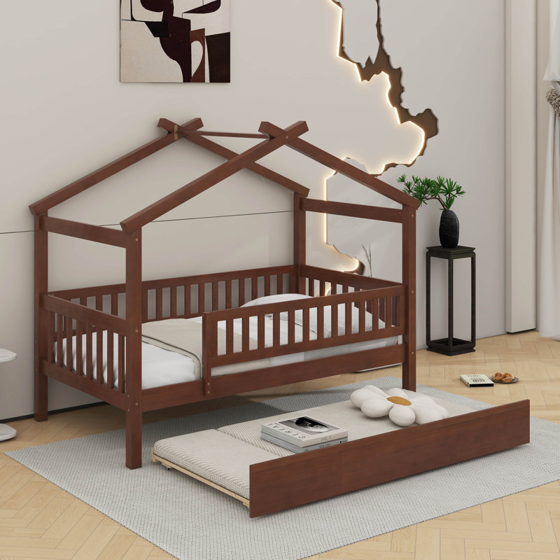 Twin wooden house bed with trundle, Noyer