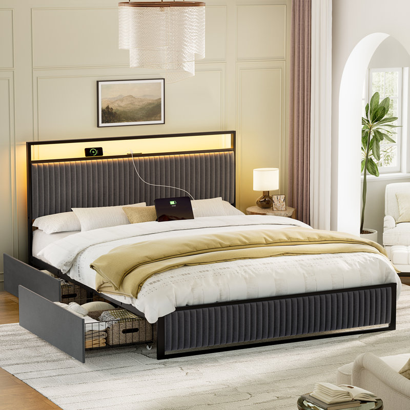 Antioch Upholstered Bed Frame with 2 Storage Drawers, Modern Queen Platform Bed with Charging Station & LED Light, No Spring Box Needed, Dark Grey