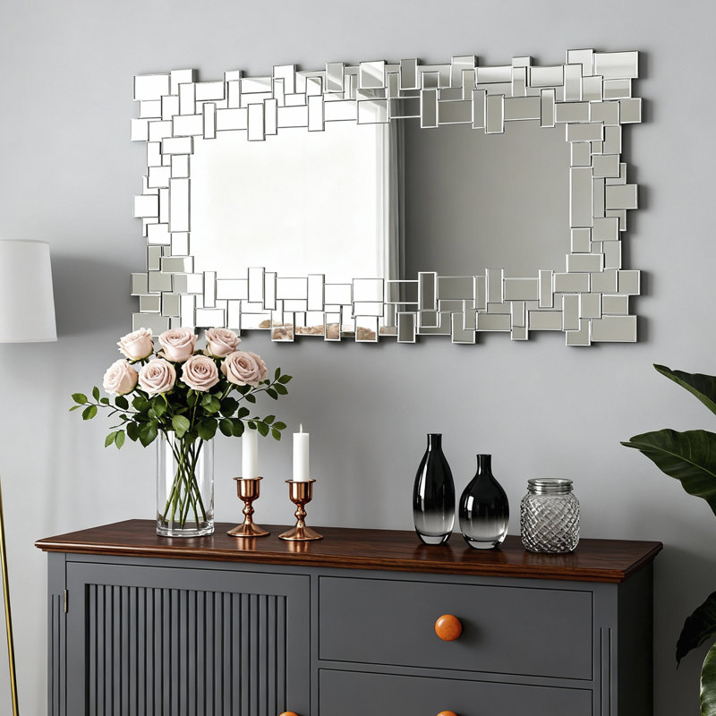 Glass Framed Wall Mirror Full Length Mirror Decorative Accent Mirror Geometric Design for Living Room, Bedroom, Bathroom