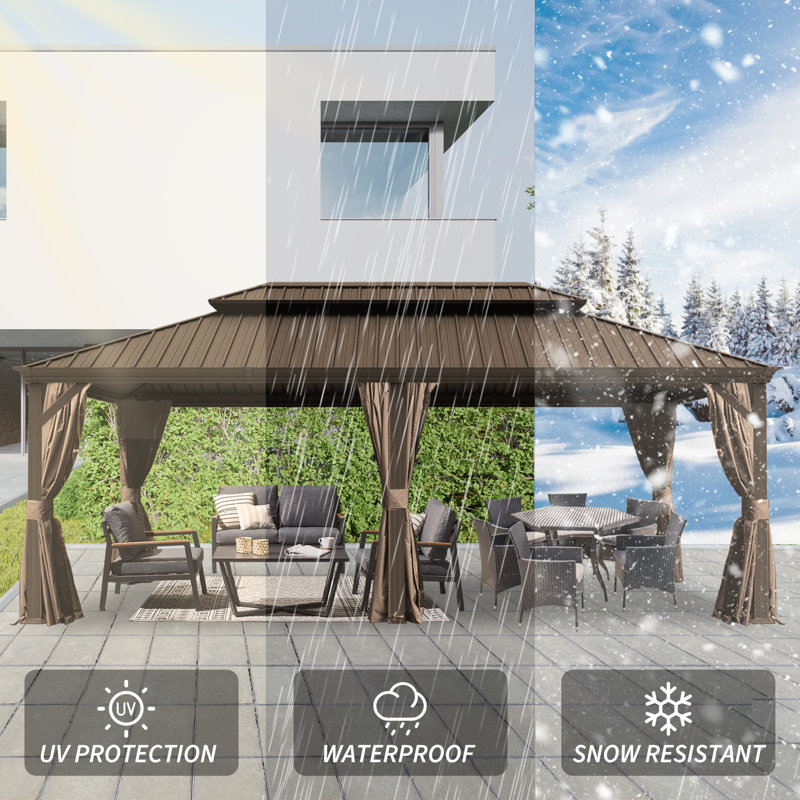 Outdoor Galvanized Steel Patio Gazebo with Double Roof, 120.94" H x 286.46" W x 142.75" D, Brown