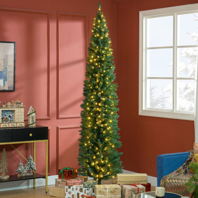 8' Tall Pre-Lit Slim Noble Fir Artificial Christmas Tree with 300 Warm White LED Lights and 618 Tips, Perfect for Festive Home Decor, Green