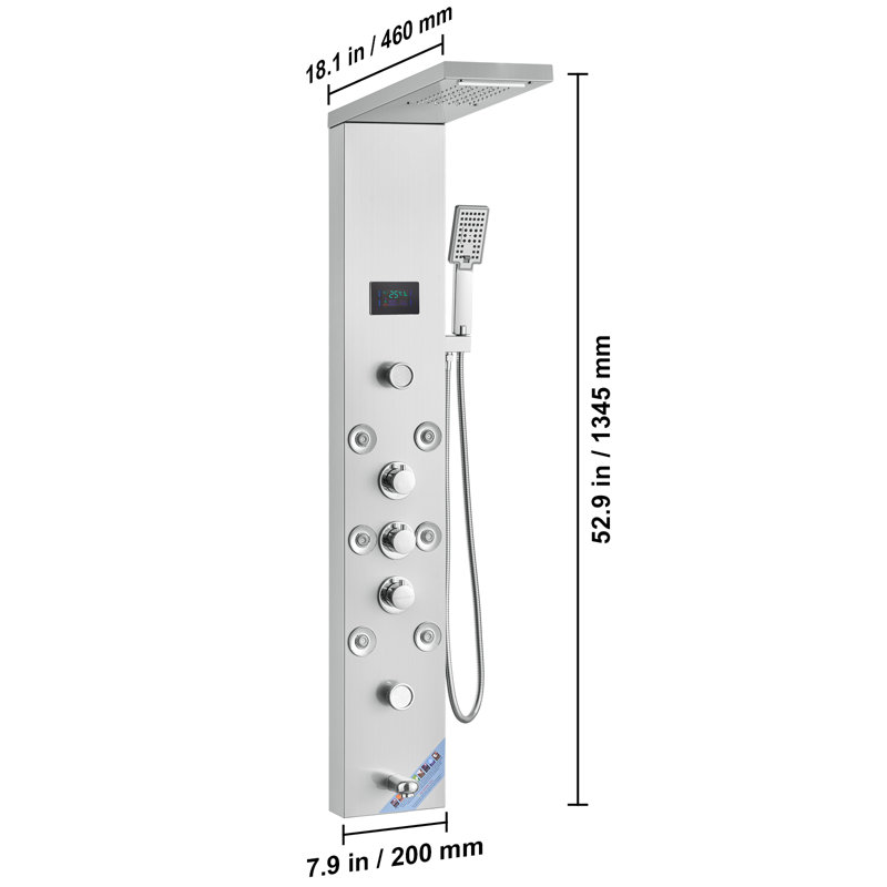 52.9'' Stainless Steel Wall-Mounted Shower Panel with LED Display