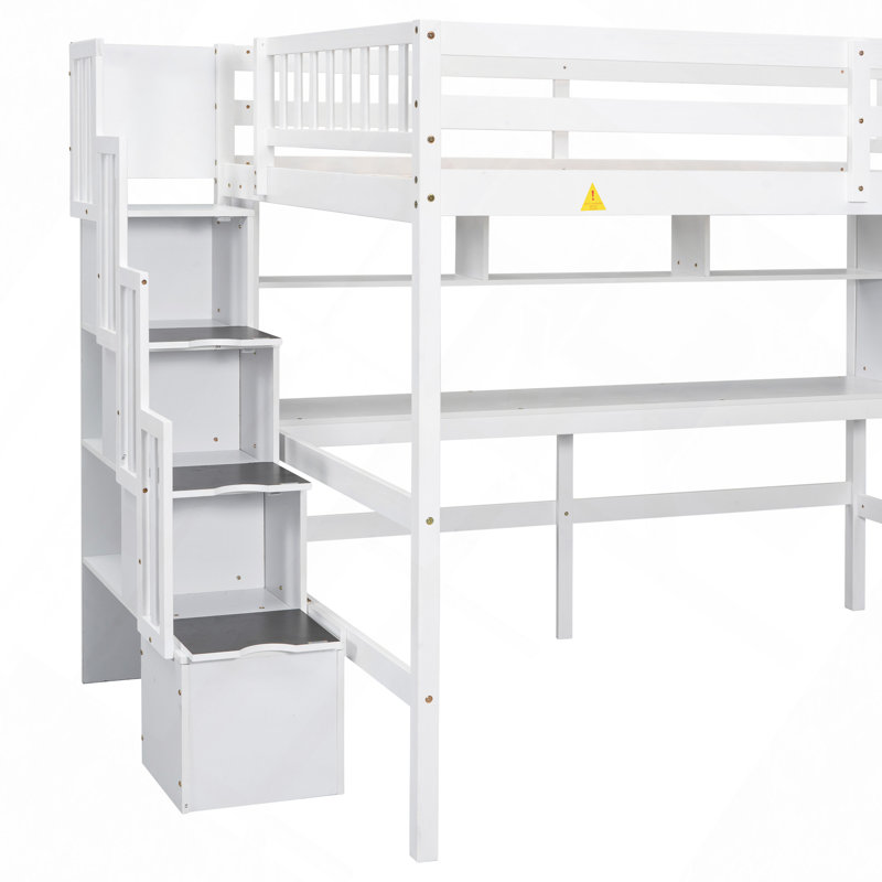 Lit mezzanine double avec bureau intégré, tablettes et escalier de rangement