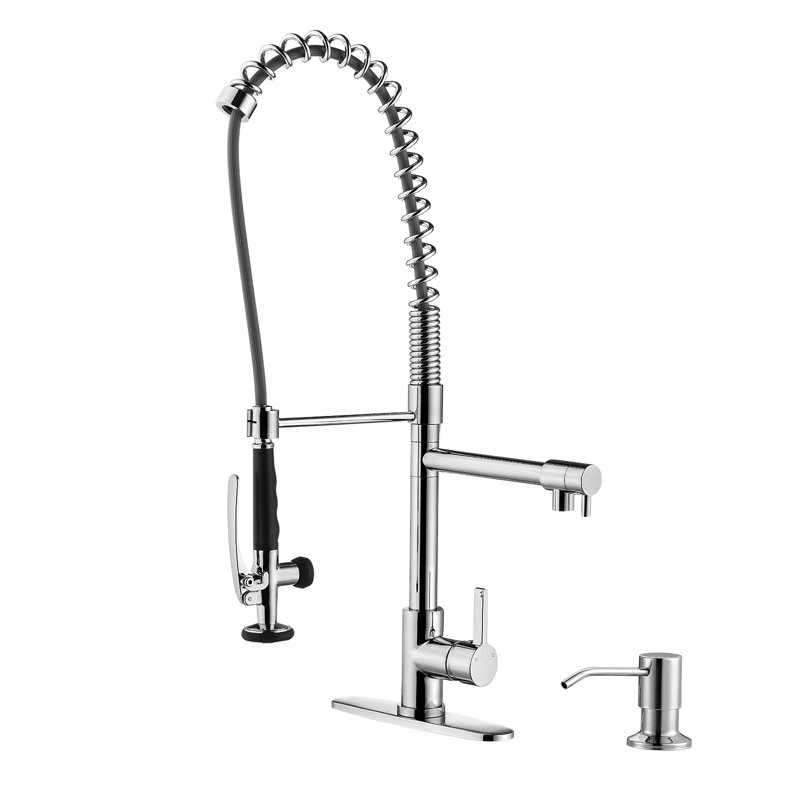 Robinet de cuisine en laiton avec douchette rétractable à 2 poignées avec boucle verrouillable et distributeur de savon