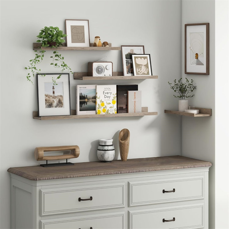 Rustic Floating Shelves Set of 3 with Lip, Picture Ledge Shelf for Nursery, Living Room – Multipurpose Storage Organizer, Bookshelf, & Photo Display Rack Walnut