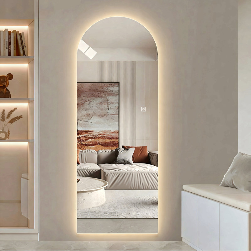 Miroir mural pleine longueur 65 po x 21 po à DEL, conception à arche symétrique, éclairage à intensité variable 3 couleurs, incassable