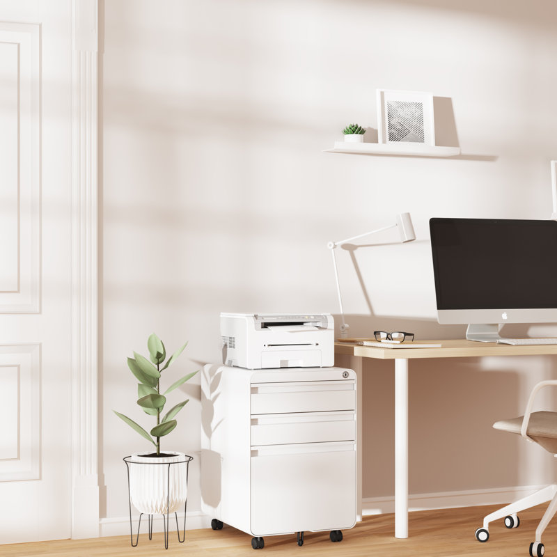 3 Drawer File Cabinet, Metal Filing Cabinets with Lock Wheels, Anti-tilt Under Desk Design (No Assembly Required), White