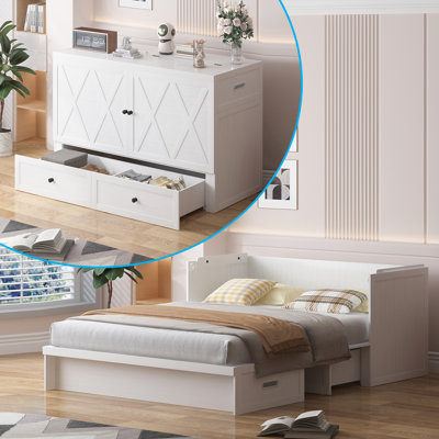 Queen Murphy Bed with Usb Charging Station & Storage Drawers, No Mattress, White