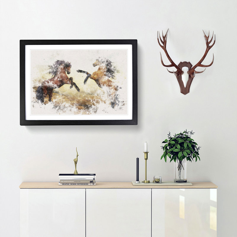 Two Wild Stallion Horses 1 Piece Single Picture Frame Wall Art on MDF, 33cm H x 45cm W x 2cm D, Black