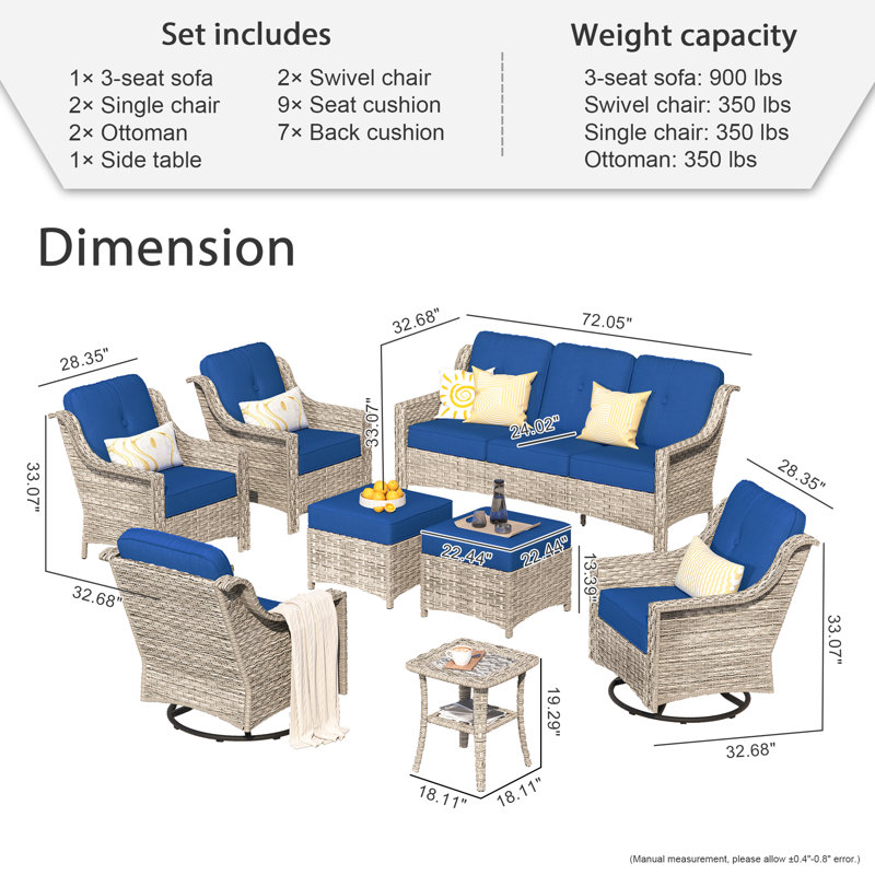 Ensemble de conversation d'extérieur en osier pour 7 personnes, canapé de patio et fauteuil pivotant avec coussins, Marine
