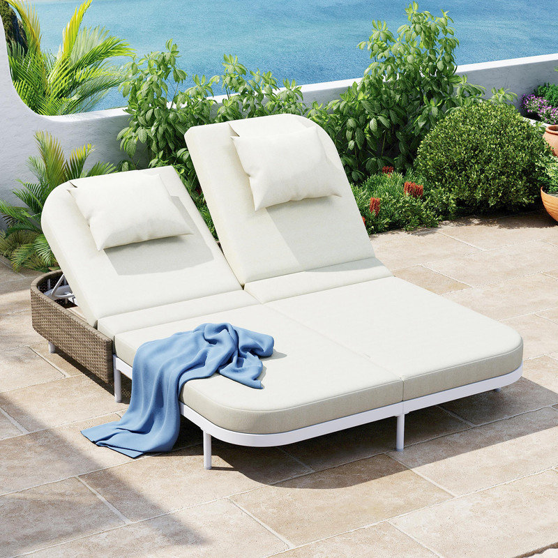 Patio Rattan Daybed with 5-Position Adjustable Backrest and Removable Cushions&Pillows, White