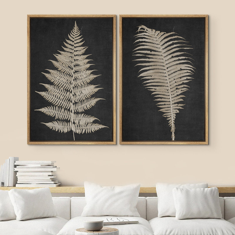 Œuvre d'art botanique neutre, feuille de fougère gris foncé, H 24 po x l 32 po, Cadre naturel flottant