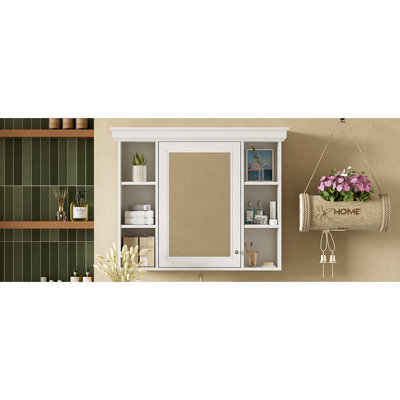 Armoire de rangement murale avec porte miroir, armoire de salle de bain moderne avec miroir, armoire à pharmacie avec 6 tablettes ouvertes