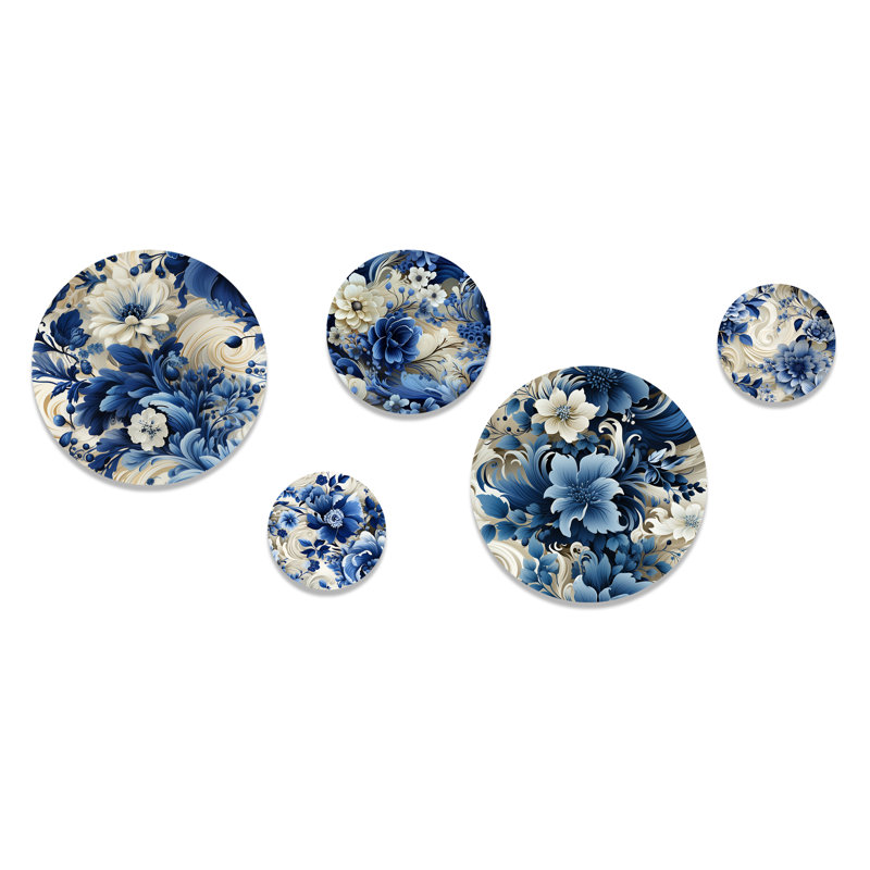 Romantic Cobalt Blue and Beige Floral Metal Wall Art Set