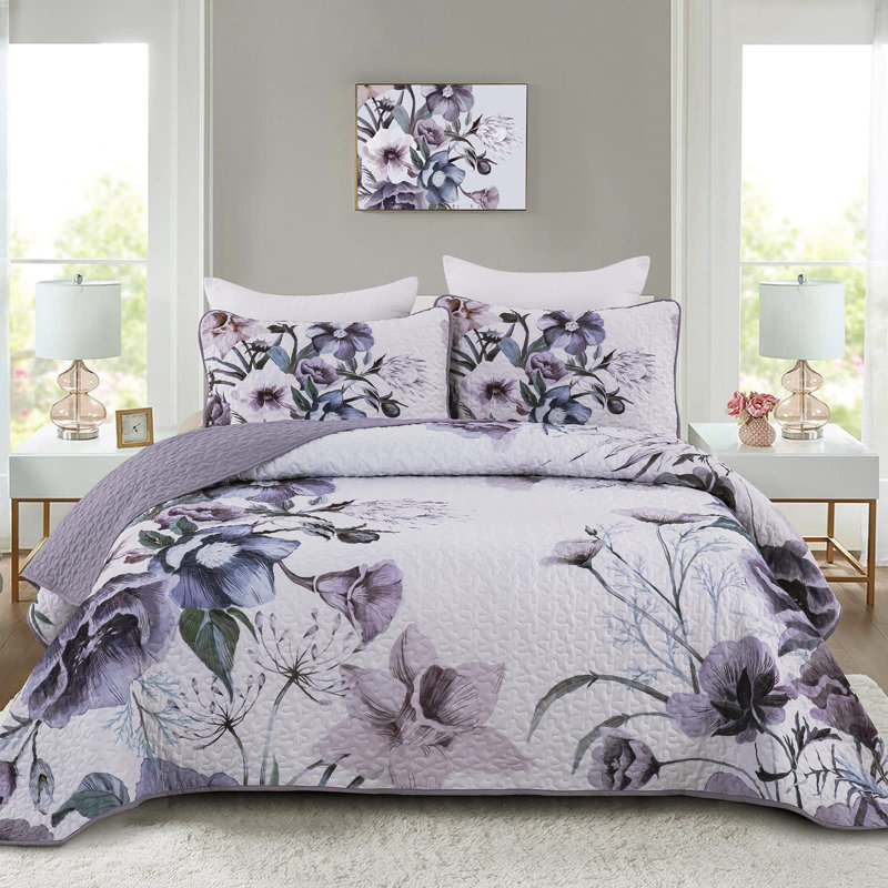 Ensemble de courtepointe 3 pièces Boho Floral, Floral mauve, Courtepointe pour lit grand + deux taies décorati