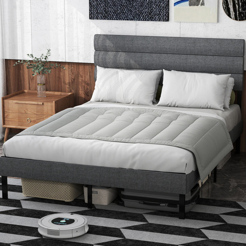 Base de lit tapissier grand format avec tête de lit, aucun sommier requis, rangement sous le lit 14 po, Gris / Noir