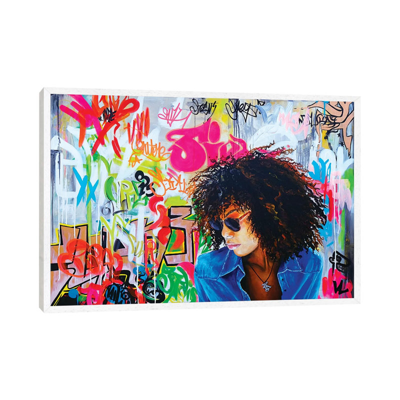 Graffitis On The Wall by Val Escoubet - Painting on Canvas, 45.72cm H x 66.04cm W x 3.81cm D, White Framed