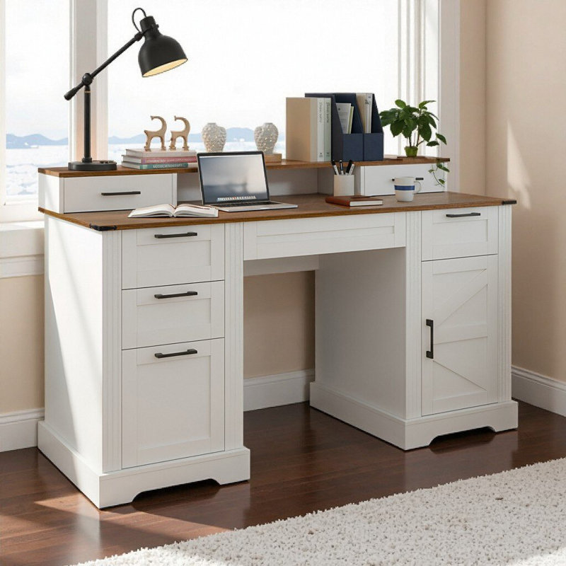 Bureau de direction de style ferme 59,5 po avec station de charge, tiroir classeur, support pour écran et plateau à clavier Syrova 59,5 po
