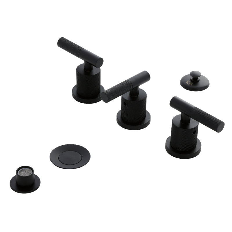Kingston Brass Convergent Three-Handle Deck Mount Bidet Faucet With Knurled Handle And Brass Pop-Up Drain, Matte Black