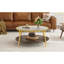 Table basse moderne à 2 niveaux en noyer avec plateau en verre et base dorée pour salon, 29,9 po