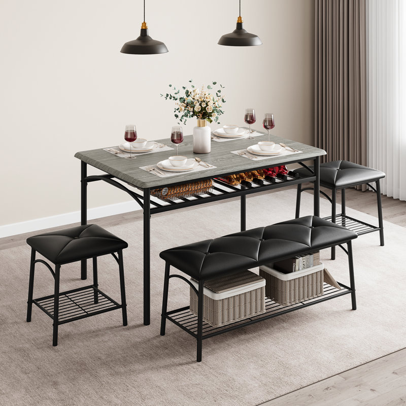 Ensemble de table de salle à manger 4 pièces pour 4 personnes, table de cuisine industrielle en panneau de fibres à densité moyenne avec tablette de rangement sous la table, 1 banc rembourré en polyuréthane et 2 tabourets, ensemble de salle à manger pour petit appartement gris