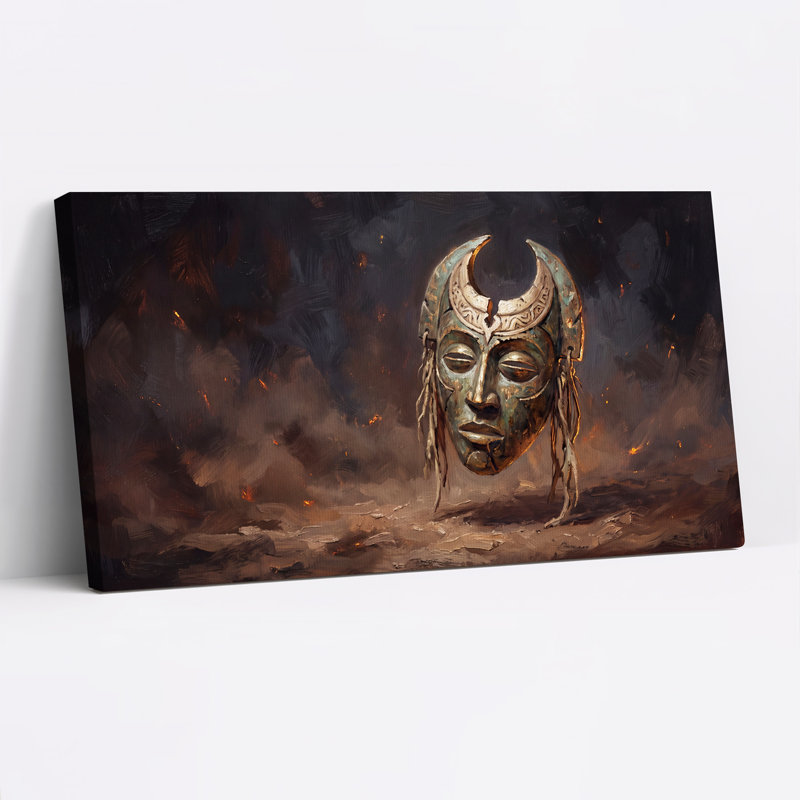 Masque de bronze avec croissant de lune et braises incandescentes - Décoration murale sur toile pour l'Halloween, 40“W x 20”H