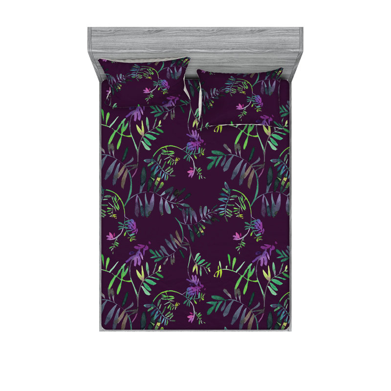 Drap-housse et taies décoratives 3 pièces Ambesonne, Prune et fuchsia / motif floral vert