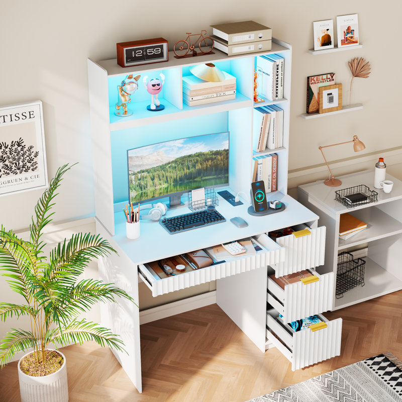 4-Drawer Computer Desk with Bookshelves and Led Lighting, Home Office Desk with Charging Station, White