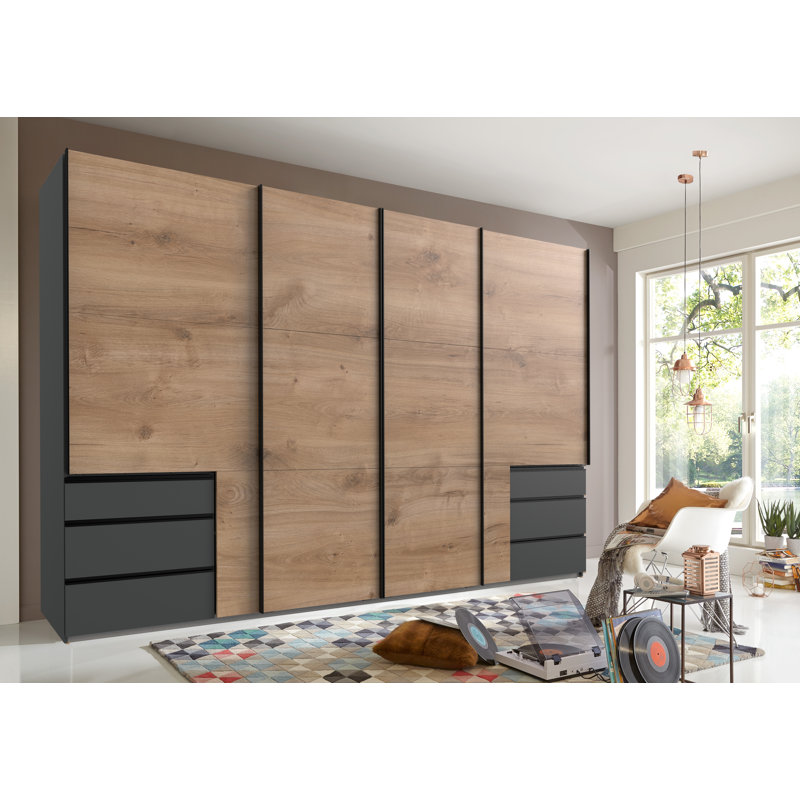 Guardino 4 Door Wardrobe, 216cm H x 350cm W x 65cm D, Plank Oak/Graphite
