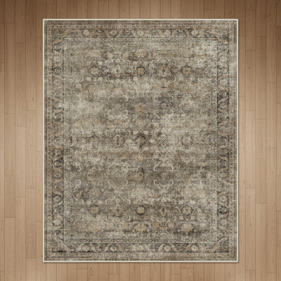 Roehit Heritage Oriental Performance Area Rug - Antique Olive & Charcoal Oushak Faux Wool  - Non-Slip & Machin Washable