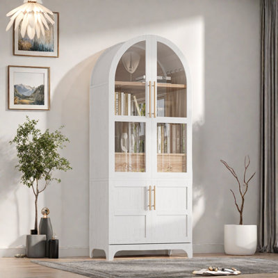 Grand garde-manger arqué de 71 pouces avec tablettes réglables, tiroir caché et portes en verre pour le rangement de la ferme, blanc