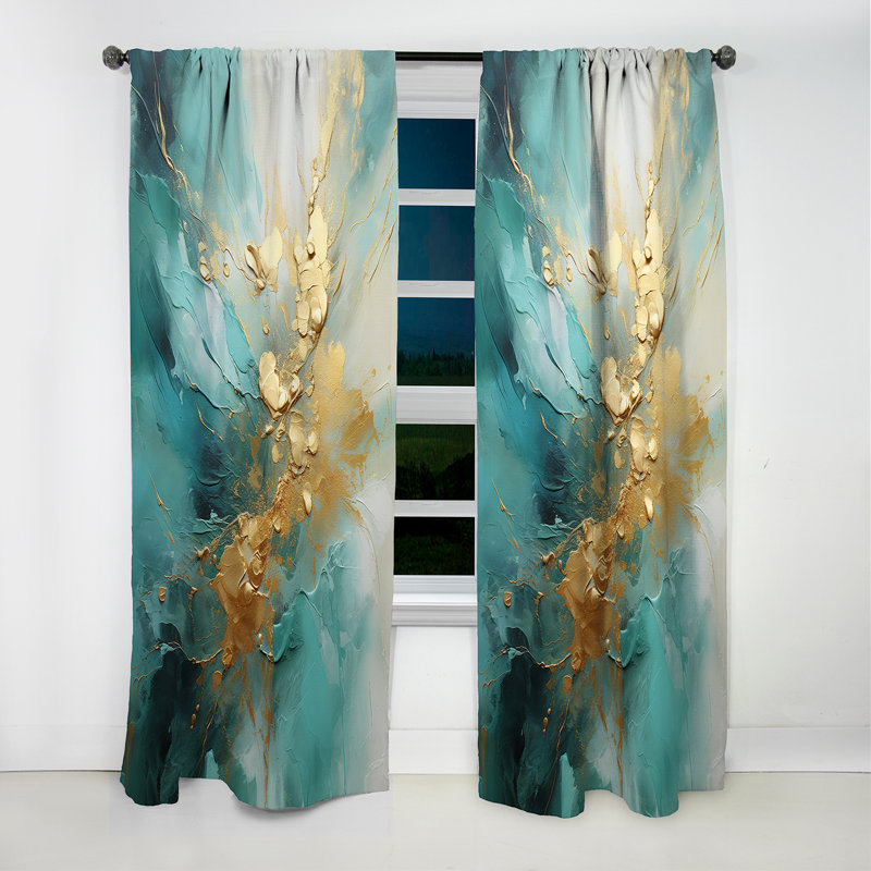 Gold And Teal Aurora Harmony II - Spirals Curtain - Blackout Abstract Curtain - 1 Panels, 52" W x 63" L