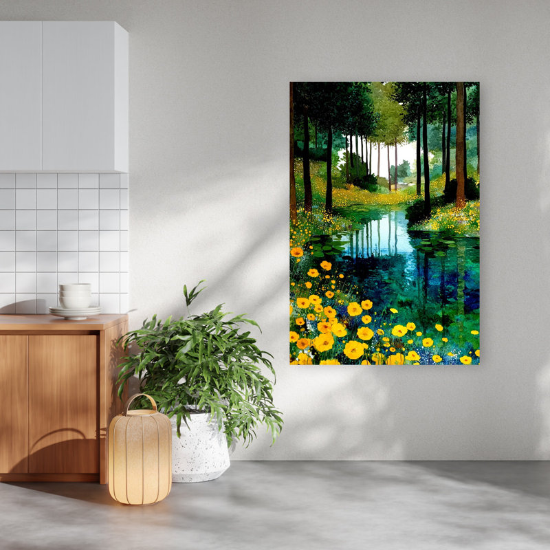 «Vibrant Woodland Stream Peaceful Serene Tranquil Lily Forest Landscape», art mural, H 60 po x l 40 po